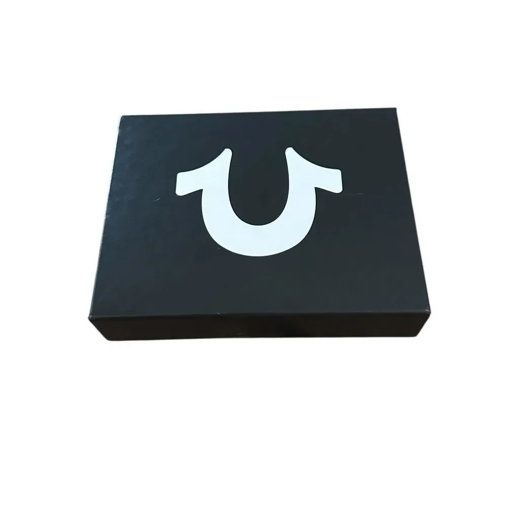 New TRUE RELIGION Slim Bifold Wallet Leather Logo Black Boxed ID Horner RFID‎ X
